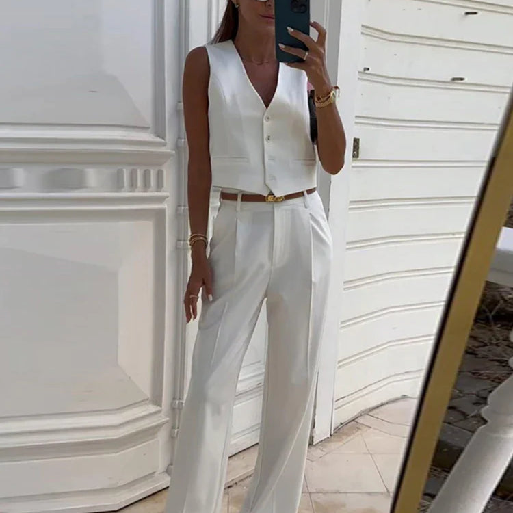 Solid Casual Vest Pants Women 2 Piece Set V-neck Sleeveless Single Breasted Vests Wide Trousers Summer Office Lady Outfit