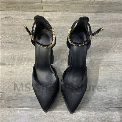 Luxury Women High Heel Shoes Platform Sandals Pointed Toe Woman Silk Pumps Sexy Rhinestone Buckle Chunky Heel Wedding Shoes 2024 black