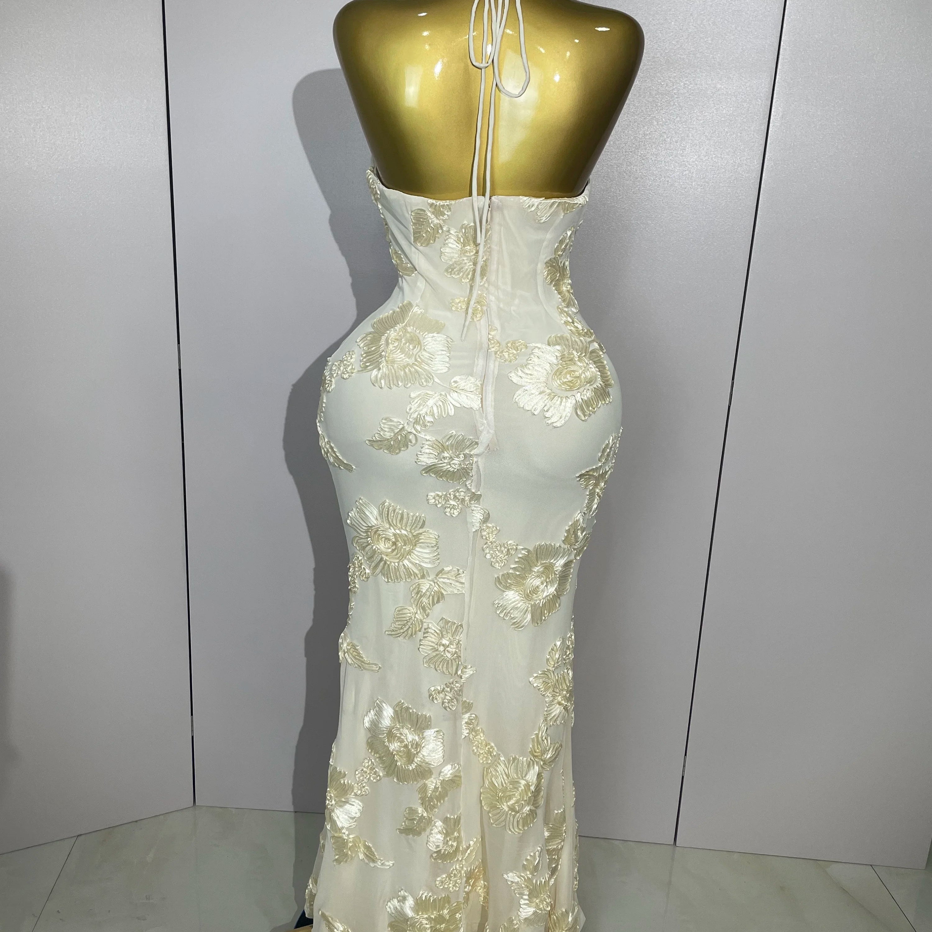 2025 New Sexy Halter High Waist Slim Embroidery Floral Long Dress Women Celebrate Evening Party Prom Fashion Cocktail Outfit