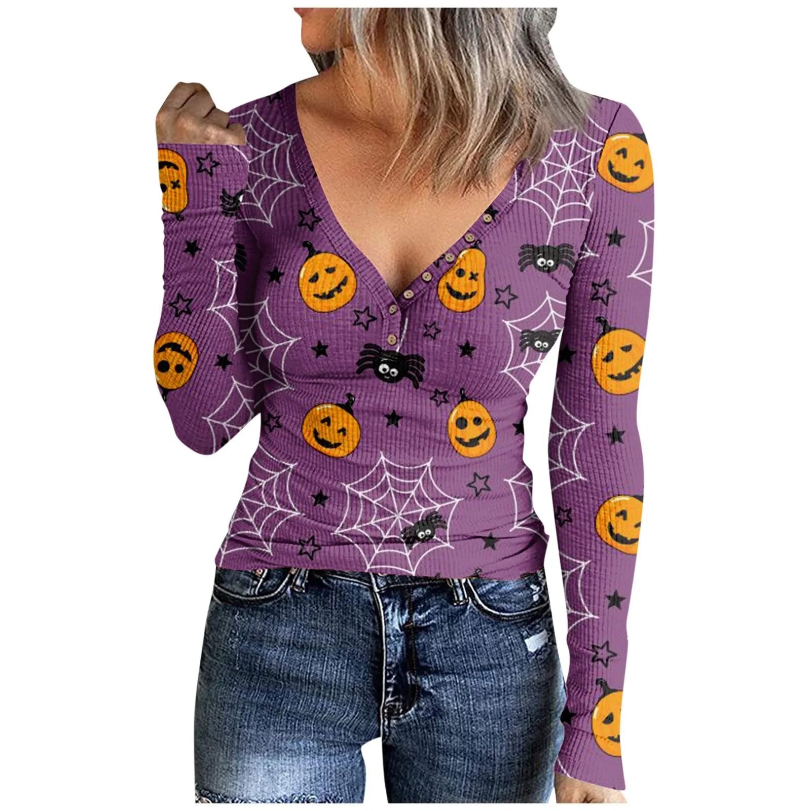 Sweat à capuche élégant col en V pour femme, pull-over décontracté à manches longues, Halloween, hiver 2024 