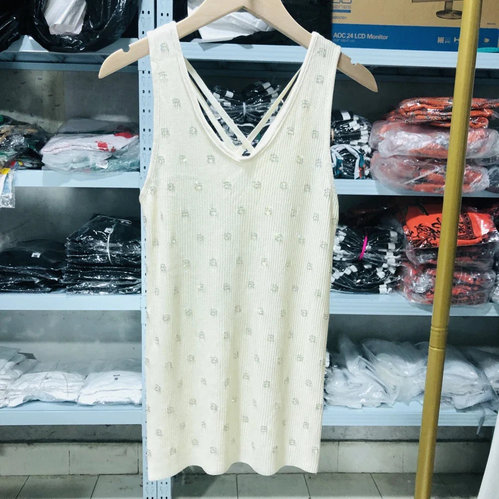 Summer High Elasticity Diamond A Letter AW Wang Tanks Camis Top For Women Y2k 2000s Corset Top Coquette Sexys Clothes a letter top beige One Size