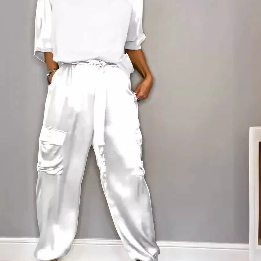 Summer Satin 2 Piece Set Women Casual Solid Color 2 Piece Outfit Half Sleeve Tops Loose Fit Pants Suit Two Piece Sets White