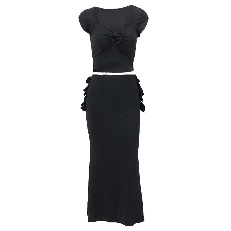 Xeemilo Sexy Three-dimensional Flower Low-cut Crop Top With High-waist Ruffles Long Hip Skirt 2024 Elegant Women Party Outfits