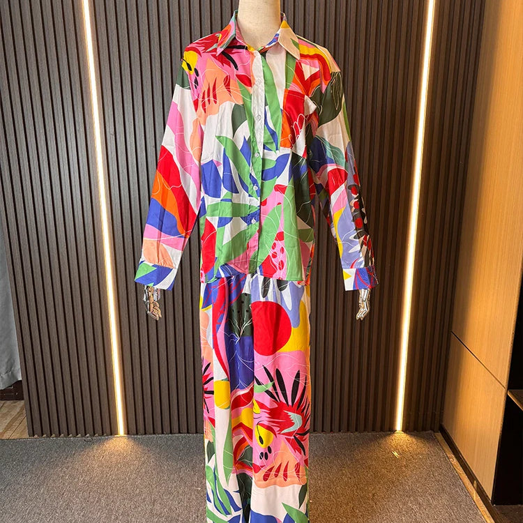 ZARATRASnew summer women's new trousers suit lapel loose silk texture shirt + positioning printed wide leg pants