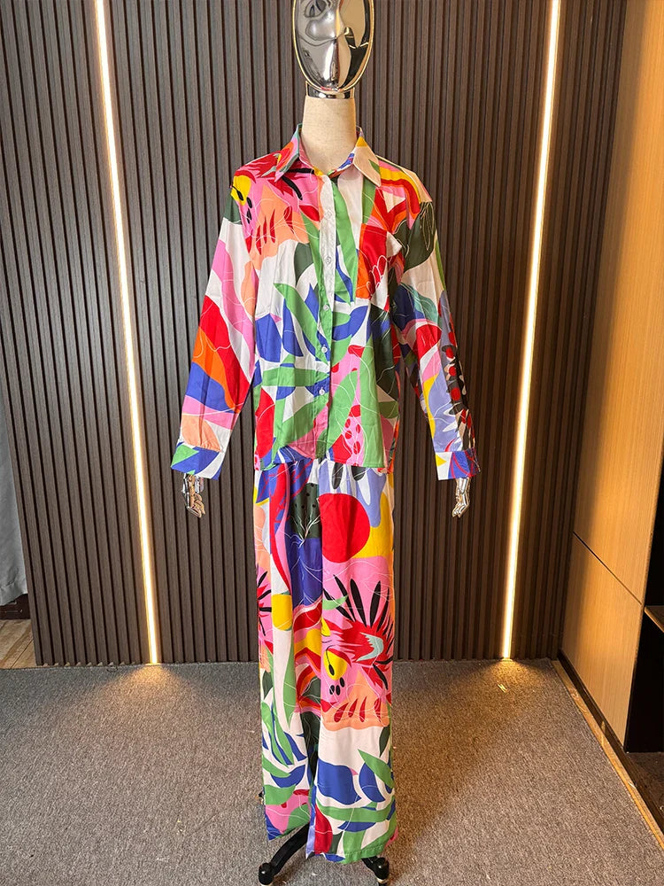 ZARATRASnew summer women's new trousers suit lapel loose silk texture shirt + positioning printed wide leg pants