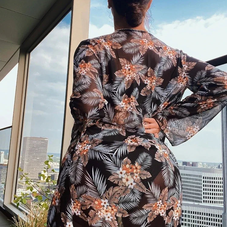 New 3 Pieces Set High Waist Bikini Women Swimsuit&Kimono Bandeau Swimwear Sexy Cover Ups Floral Beachwear Bathing Suit