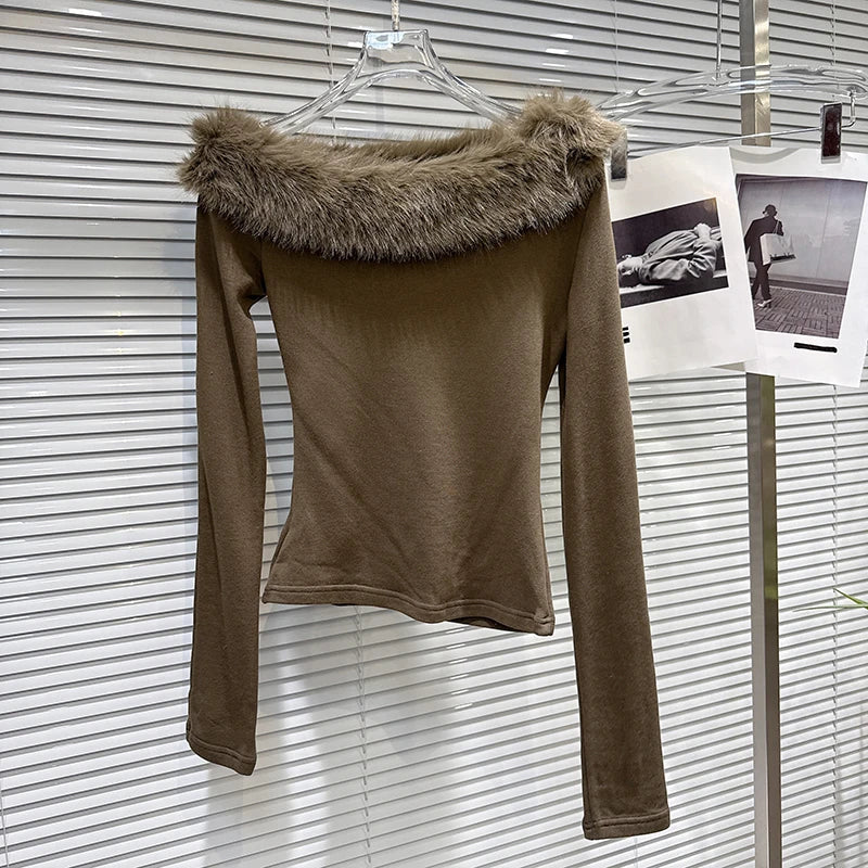 Winter New Fashionable Furry Collar Off-shoulder Long Sleeve T-shirt For Women Slim Fit Versatile Tops Female 11A07947