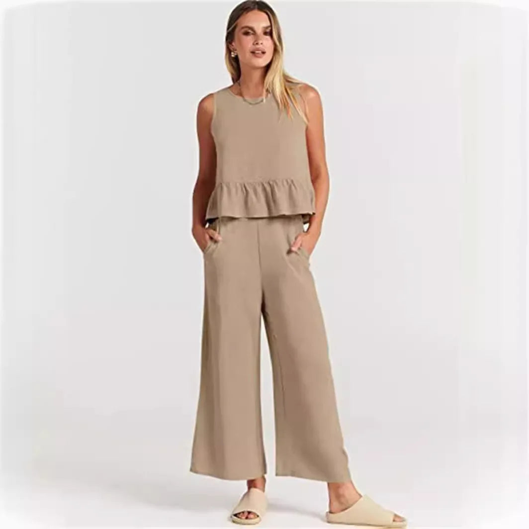 Women's S-3XL plus size Summer women's pleated sleeveless vest with wide leg straight leg cropped pants casual set Khaki
