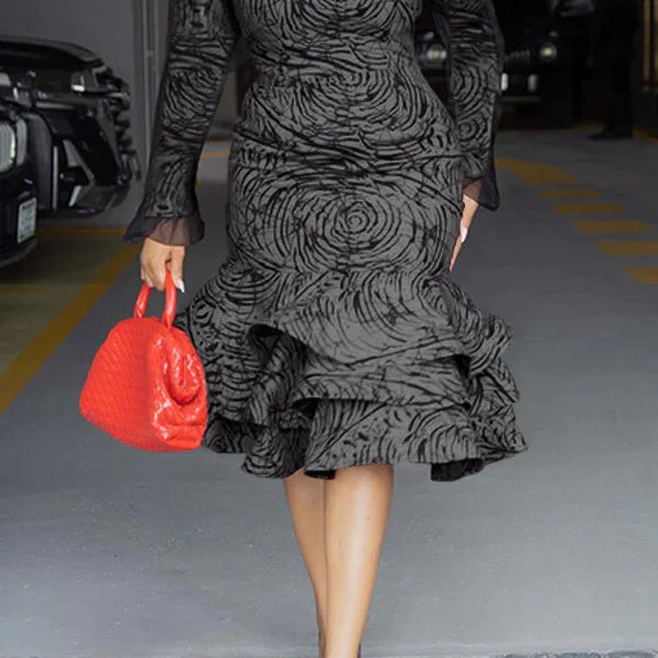 Women Long Sleeve mesh O-neck mult Ruffles Bodycon Midi Dress 2025 Africa OL Work Evening Sexy Party Dresses Vestidos Black