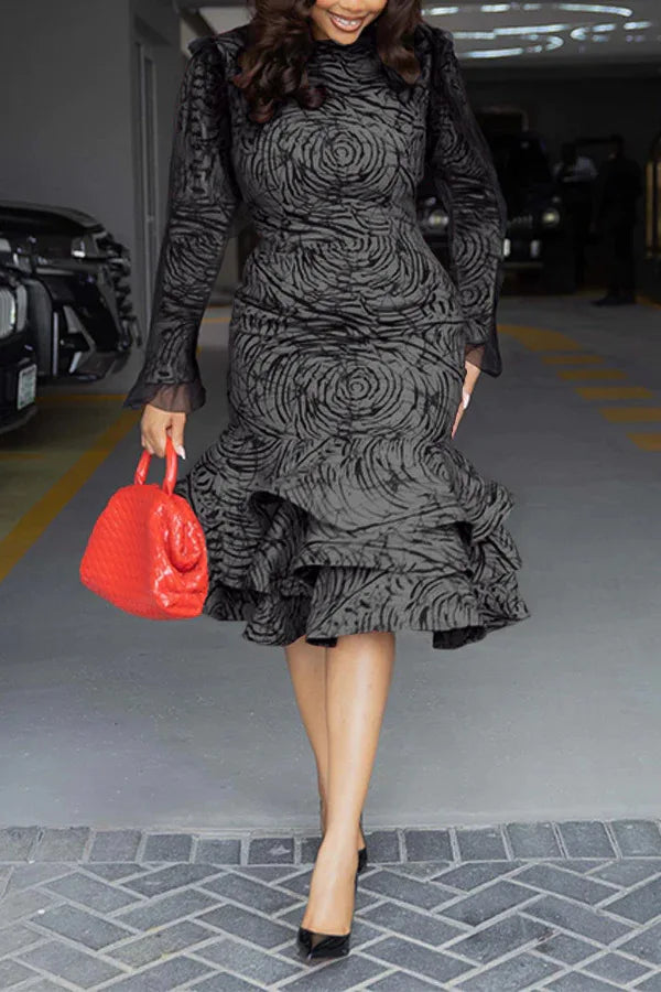 Women Long Sleeve mesh O-neck mult Ruffles Bodycon Midi Dress 2025 Africa OL Work Evening Sexy Party Dresses Vestidos Black