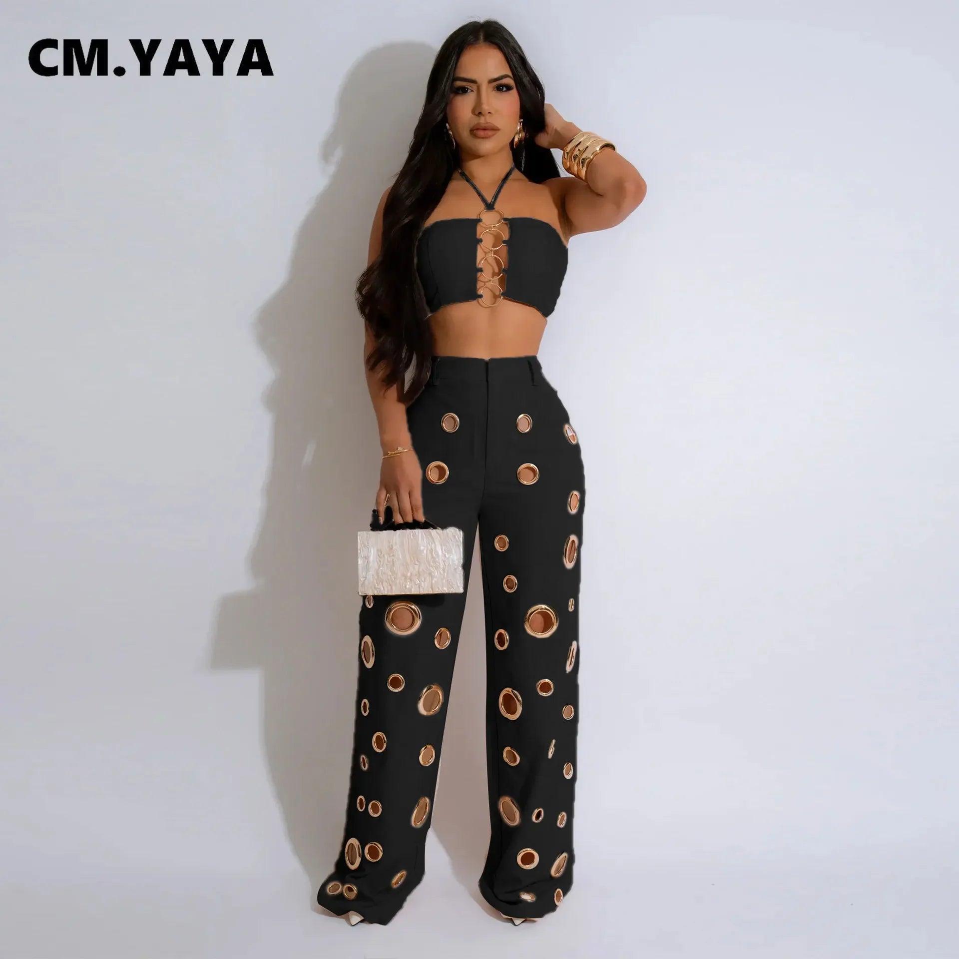 CM.YAYA Women Set Sleeveless Strapless Tops +Wide Leg Pants Two 2 Piece Set Hole Hollow Out Outfit Summer Sexy Street Tracksuit