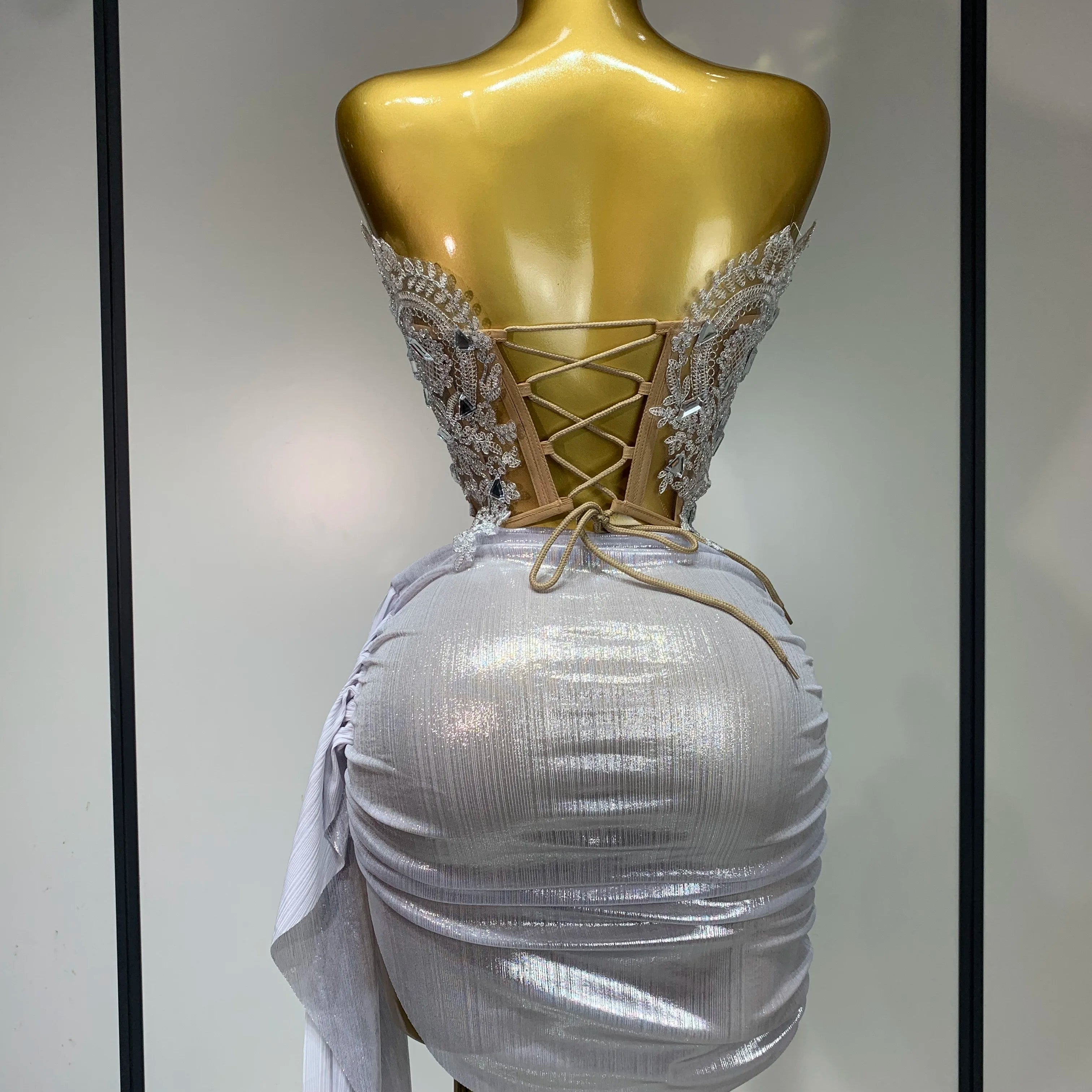 Newest 2025 Sparkly Blue Crystals Sequins Sexy Strapless Short Dress for Women Party Birthday Nightclub Singer Dancer Stage Wear