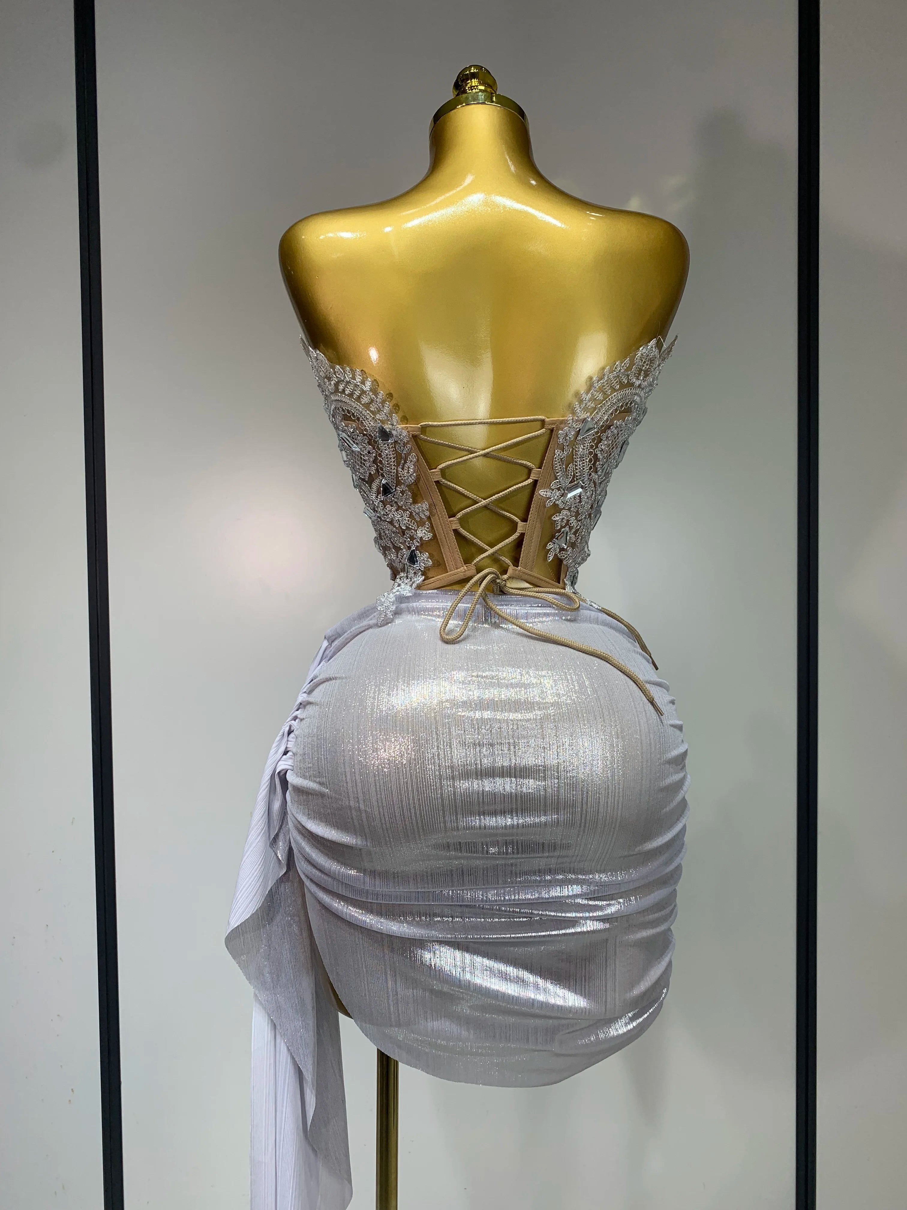 Newest 2025 Sparkly Blue Crystals Sequins Sexy Strapless Short Dress for Women Party Birthday Nightclub Singer Dancer Stage Wear