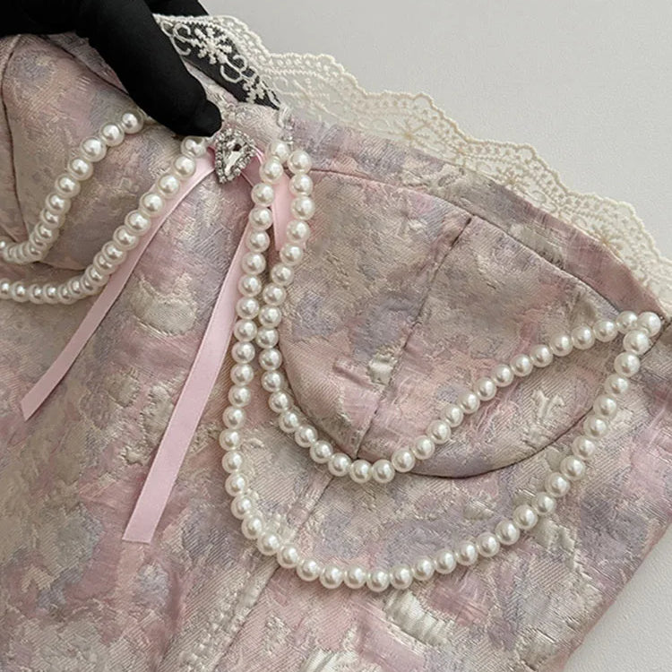 French Elegance Lolita Dress Fashion Sweet Luxury Prom Gown Pearl Chain Party Prom Sleeveless Robe 2000s Aesthetic New Design