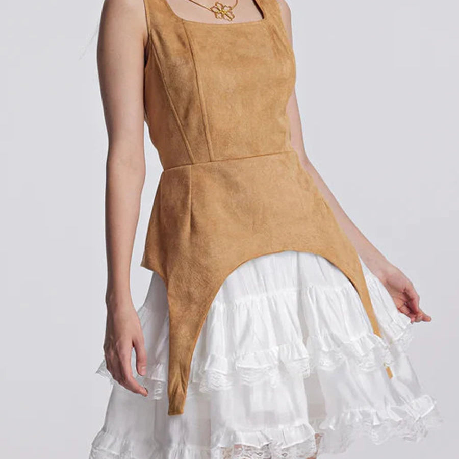 Colorblock Slimming Temperament Dresses for Women Square Neck Sleeveless Patchwork Ruffles Fold Dress Female New