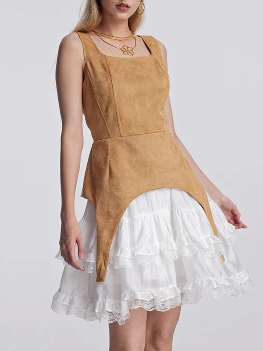 Colorblock Slimming Temperament Dresses for Women Square Neck Sleeveless Patchwork Ruffles Fold Dress Female New