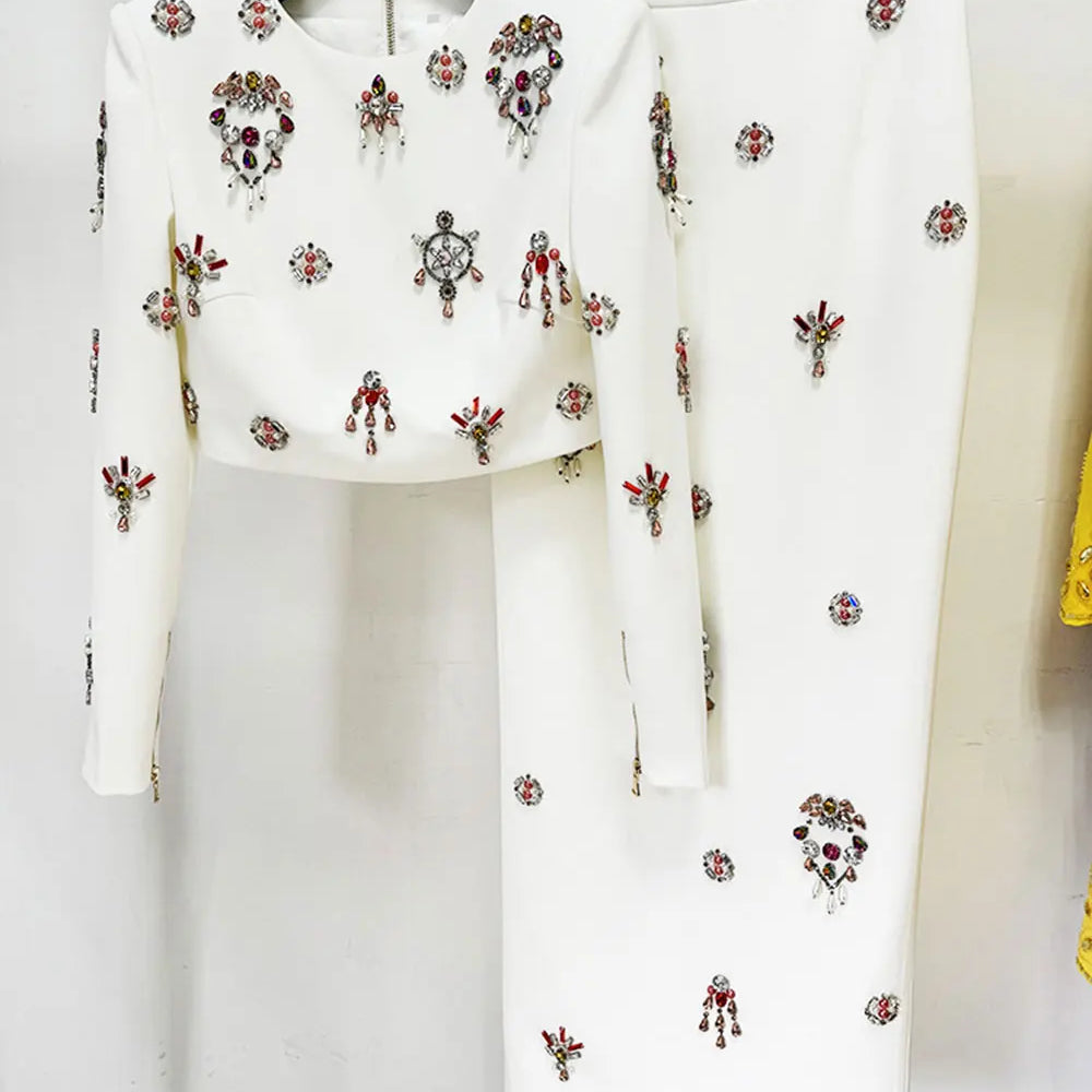 2024 New Elegant Women's Light Luxury Nail Bead Short Skirt Set O-neck Long Sleeve Ultra Short Top+Mini Skirt Two piece Set White long