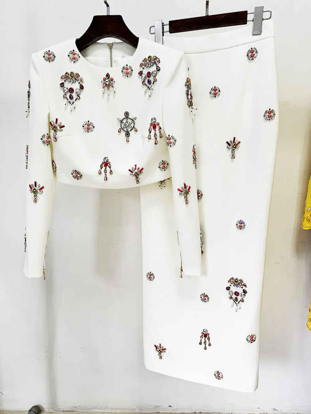 2024 New Elegant Women's Light Luxury Nail Bead Short Skirt Set O-neck Long Sleeve Ultra Short Top+Mini Skirt Two piece Set White long