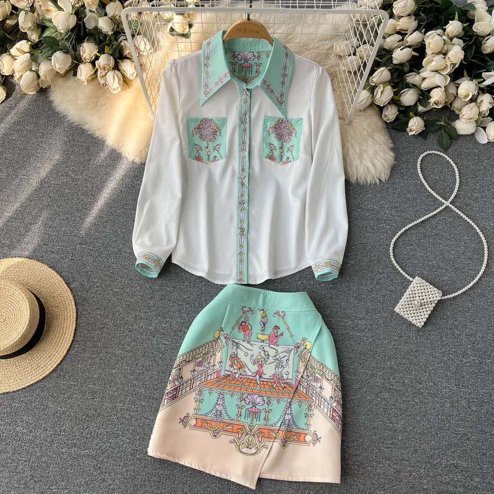 Summer Sweet Two Piece Set Women Turn Down Neck Long Sleeve Floral Print Chiffon Shirt Top+Irregular Vintage Mini Skirt Suit White