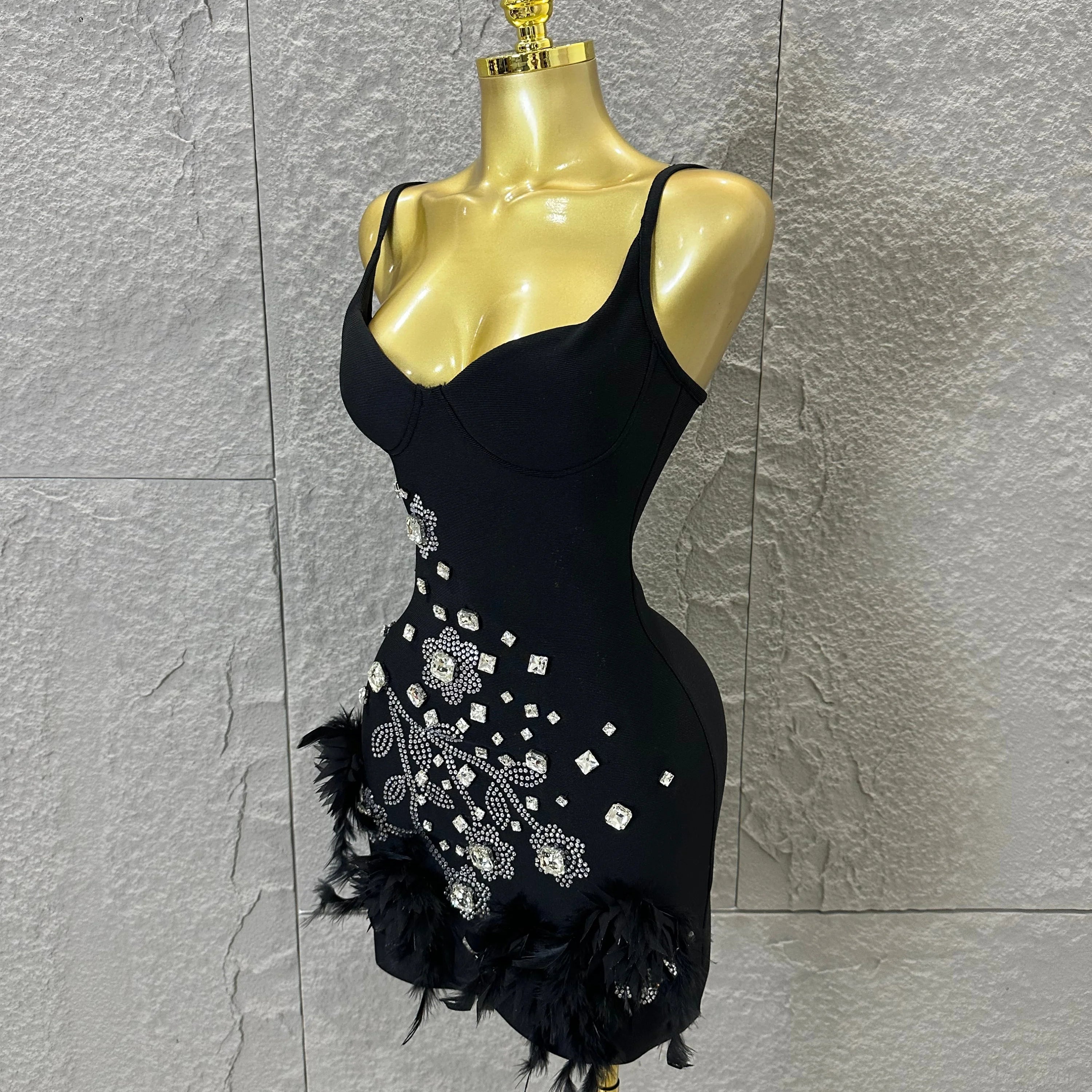 Elegant Red Spaghetti Strap Mini Dress Women Sexy Sweetheart Neck Crystal & Feather Form-Fitting Outfit Formal Event Costume