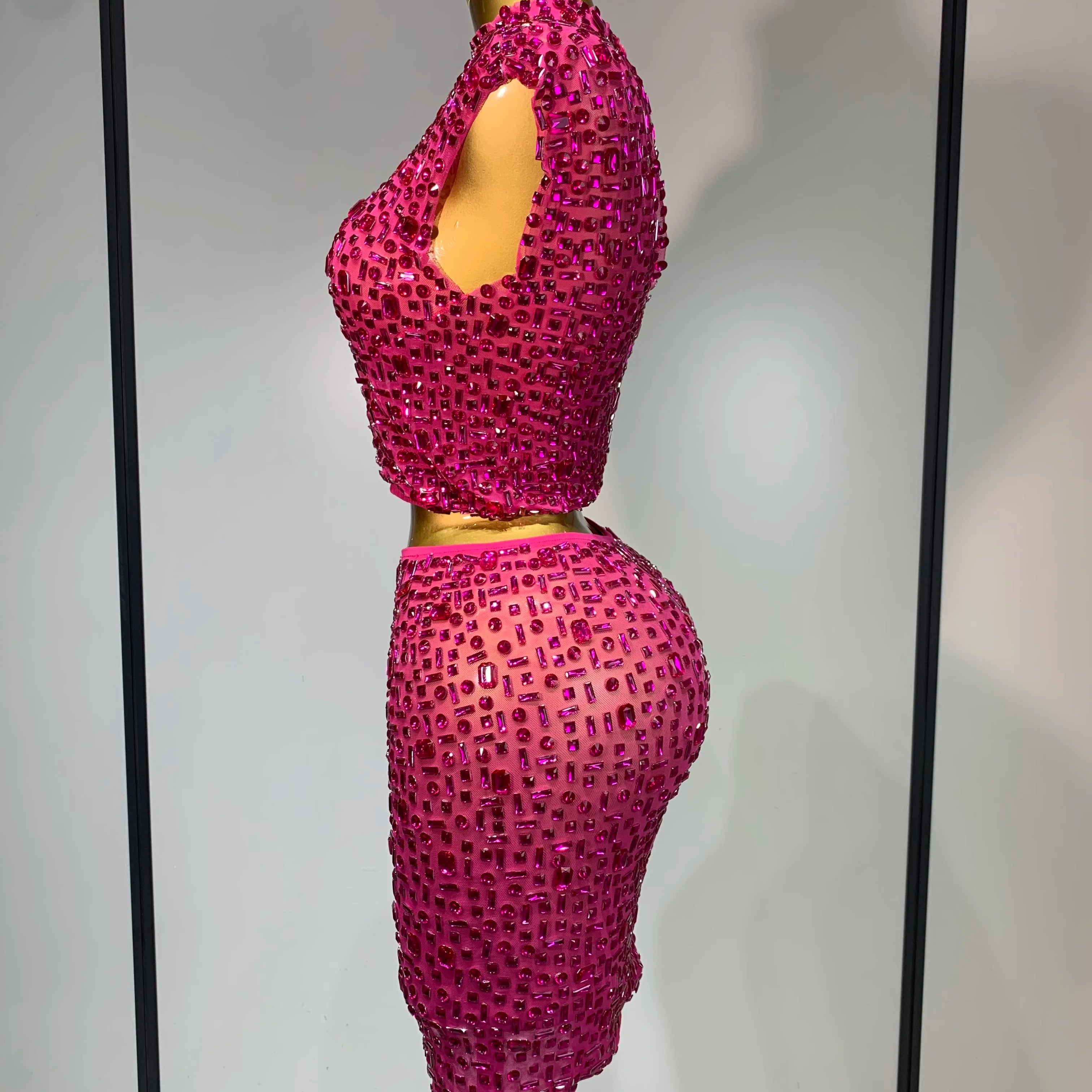 Sexy Sparkly Crystal Diamonds Mesh See Through Two Piece Set Women Elegant Evening Party Costume Singer Stage Performance Outfit