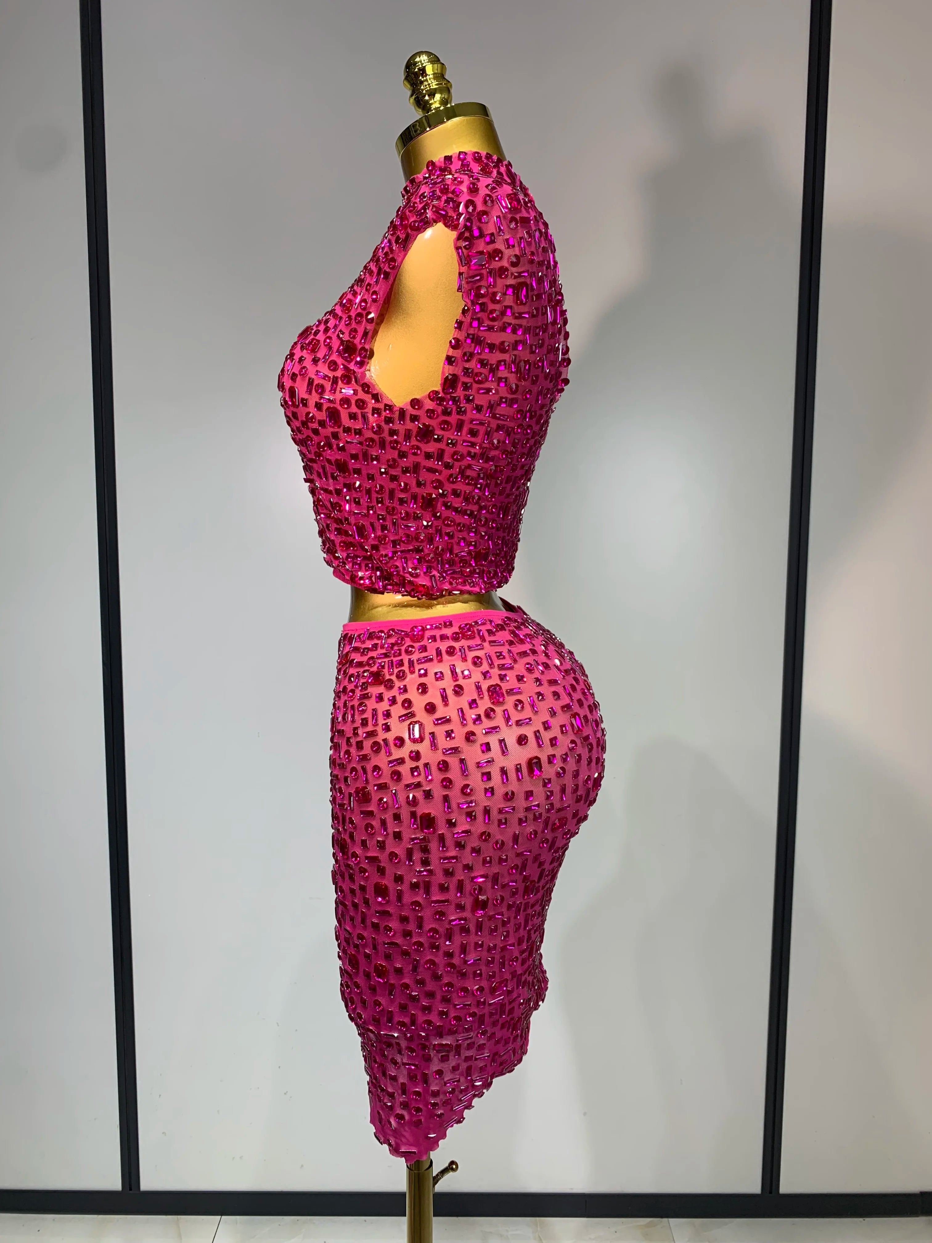 Sexy Sparkly Crystal Diamonds Mesh See Through Two Piece Set Women Elegant Evening Party Costume Singer Stage Performance Outfit