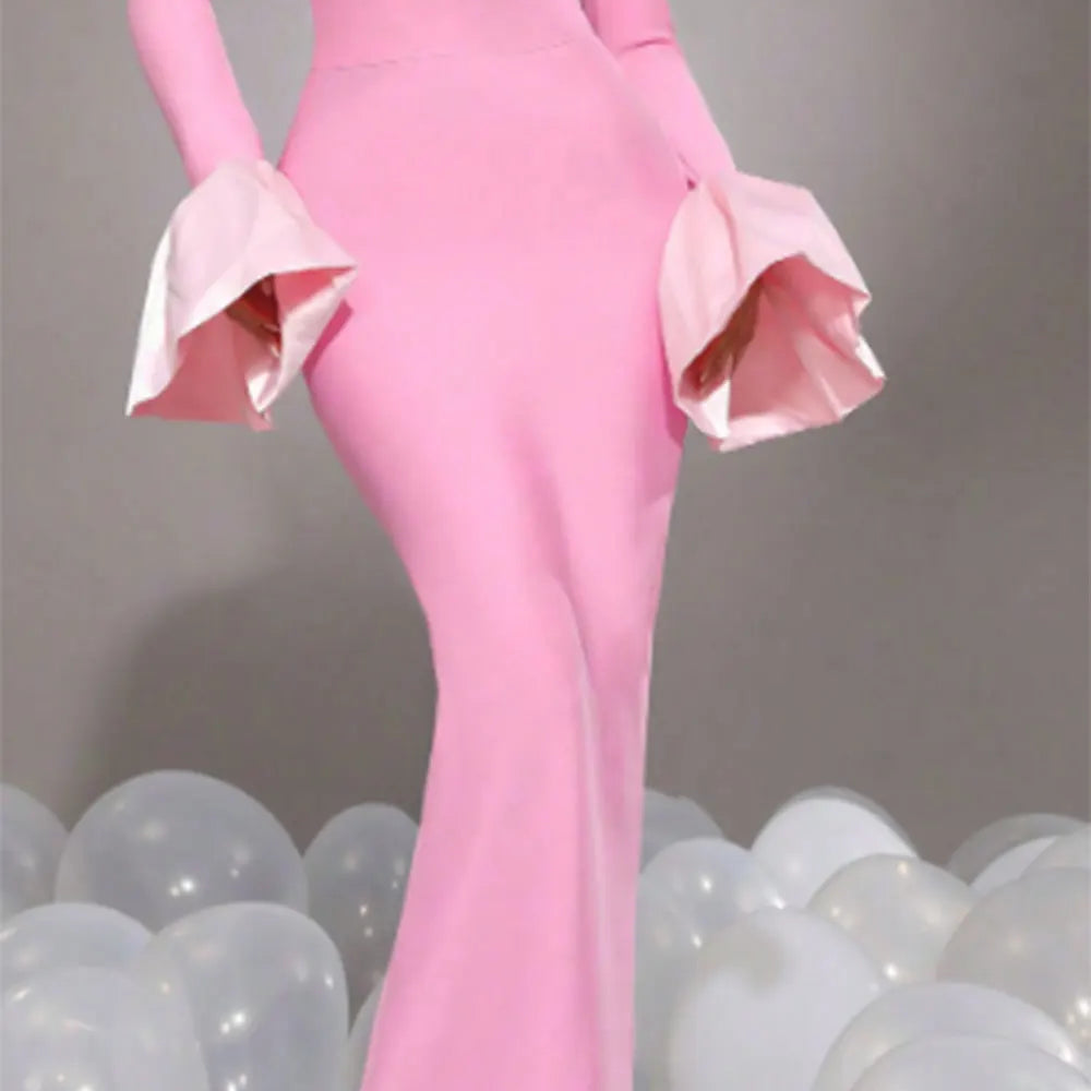 2024 Elegant Women's Black Maxi Dress Stand up Neck Flare Sleeves Bodycon Bandage Long Dresses Cocktail Evening Party Vestidos Pink