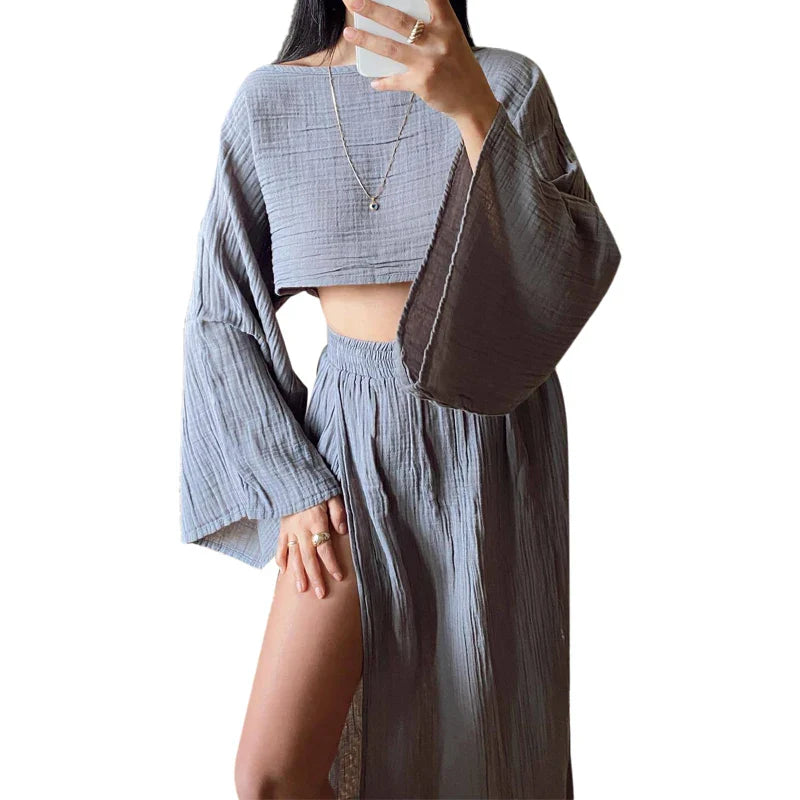 Elegant Women Crop Tops & High Waist Slit Maxi Skirts 2 Pieces Linen Pants Sets Beach Cover Ups Lounge Matching Sets Gray