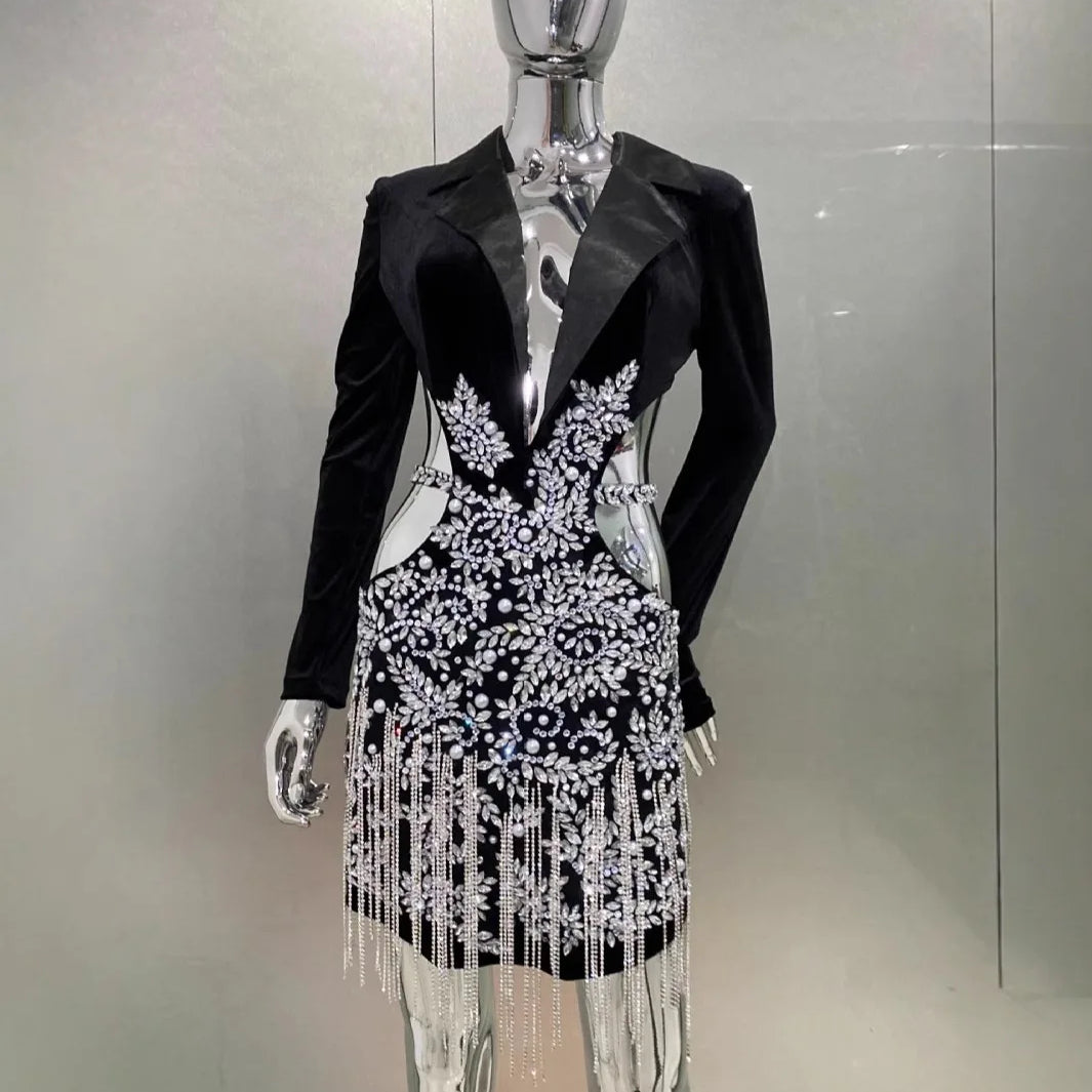 New Arrive Women Cross-Border Foreign Trade Luxury Rhinestone Fringe Sexy Hollow Suit Dress Fashion Hot Girl Party Dress