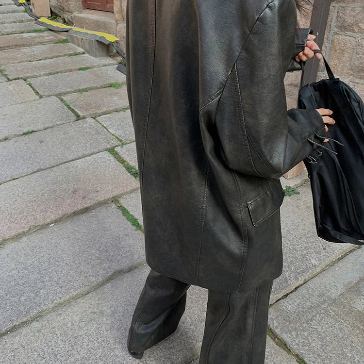 Spring Autumn Cool Retro Soft Distressed Pu Leather Blazer Jacket Women Single Breasted Loose Casual Korean Fashion 2024