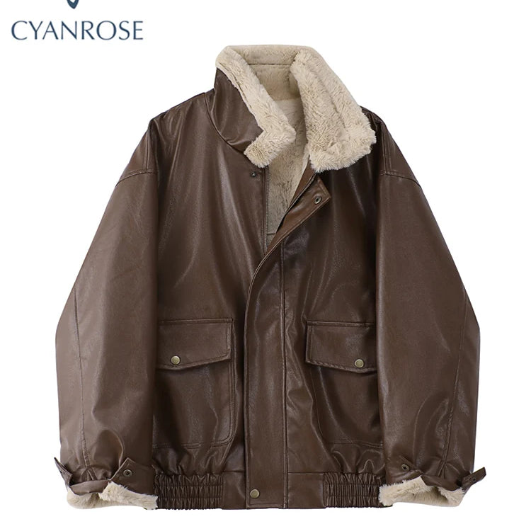 Winter Women's Fur Leather Jacket Long Sleeved Loose Warm Lamb Wool Vintage Thickened Locomotive Lapel Female PU Motorcycle Coat