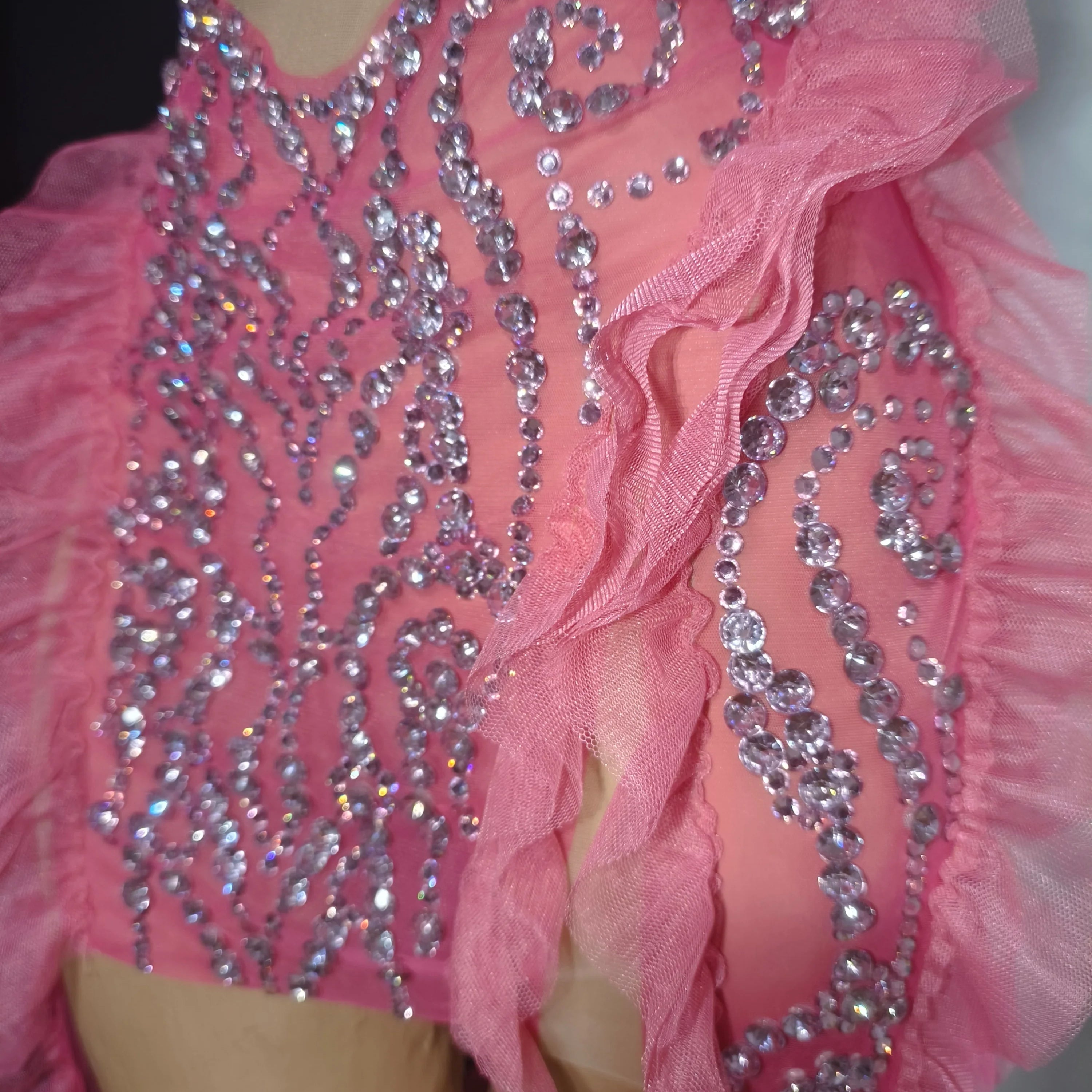 Elegant Pink Spaghetti Strap Mini Dress Women Sheer Mesh Rhinestone Ruffle Embellished Latin Dance Performance Costume