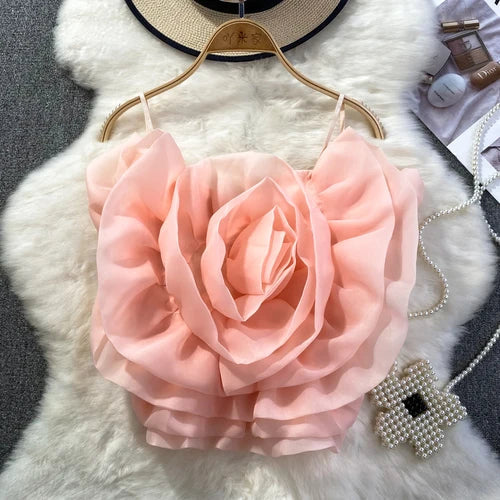 Chic Vintage Backless Corset Bustier Three-dimensional Flower Tank Top Korean Fashion Summer Beach Women Sling Crop Top Pink One Size