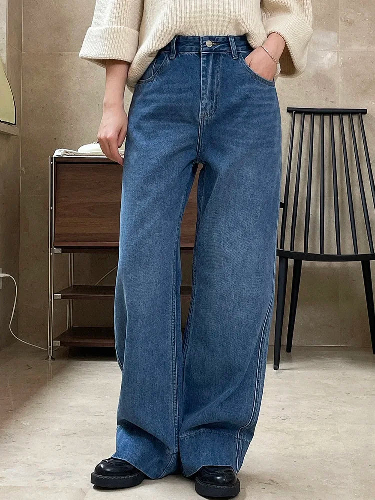 [LANMREM] Vintage Washed Jeans For Woemn High Waist Wide Leg Pants Fashion Streetwear Loose Female Trousers Spring New 26D4