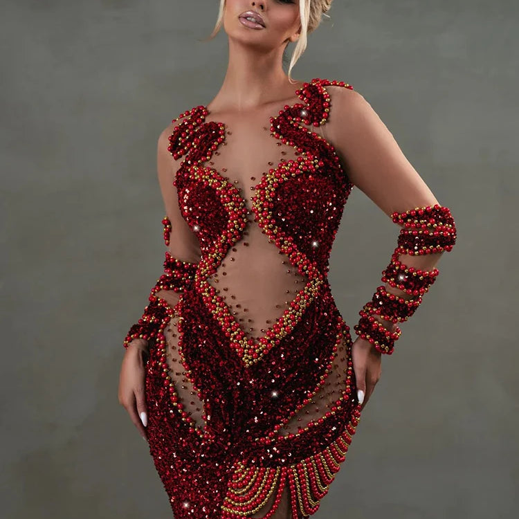Red Shiny Sequins Pearl Chain See Through Mesh Long Dress Long Sleeves Beading Maxi Elegant Party Evening Gowns Vestido