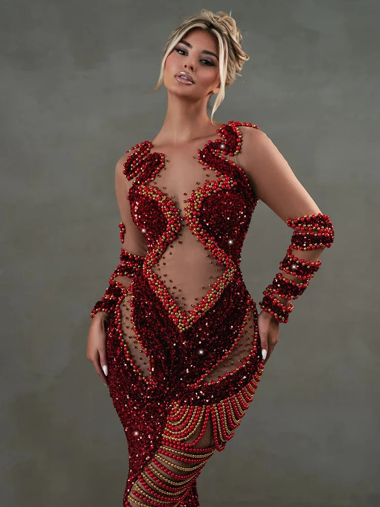 Red Shiny Sequins Pearl Chain See Through Mesh Long Dress Long Sleeves Beading Maxi Elegant Party Evening Gowns Vestido