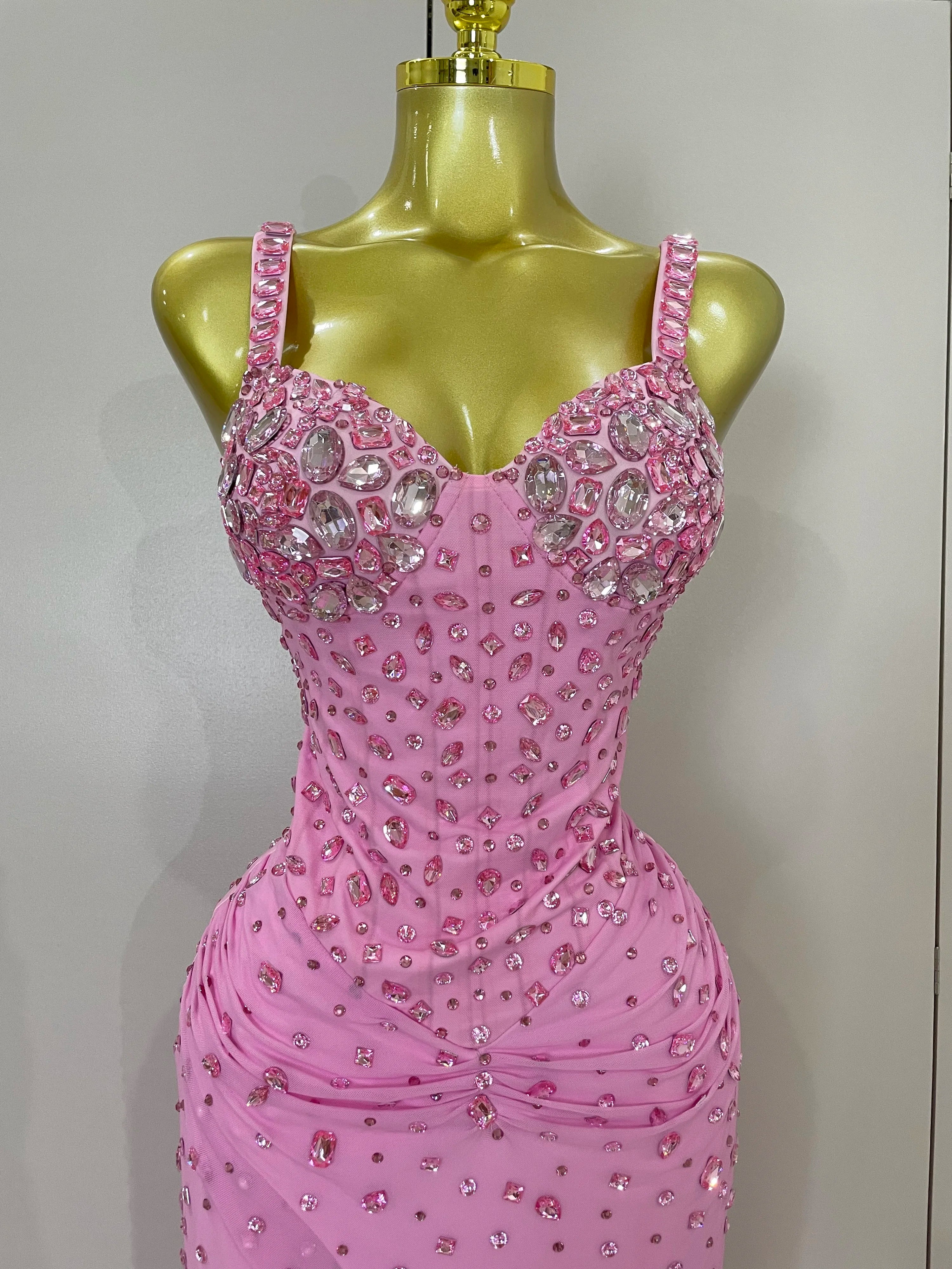 Luxury Pink Rhinestones Split Floor Length Dress 2025 Women Sexy Evening Celebrate Birthday Party Dress Photoshoot Stage Wear