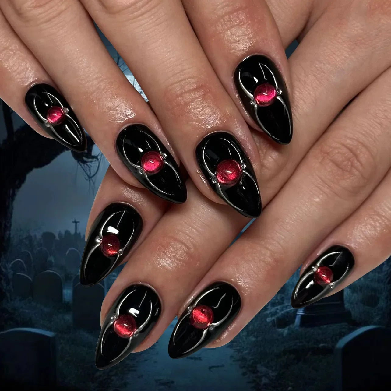 24Pcs short black halloween almond wearable fake nails with red rhinestone design simple nail art full cover nail tips for girls 1