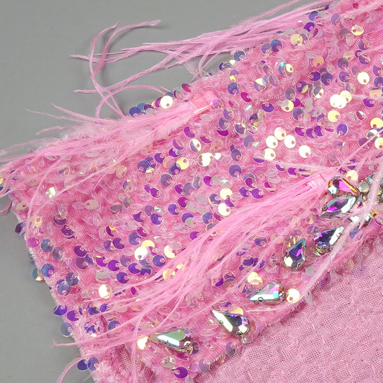 Pink Sparkly Sequins Long Dress Beaded Crystal Feather Embellished High Slit Straight Floor-length Prom Evening Gown Vestidos