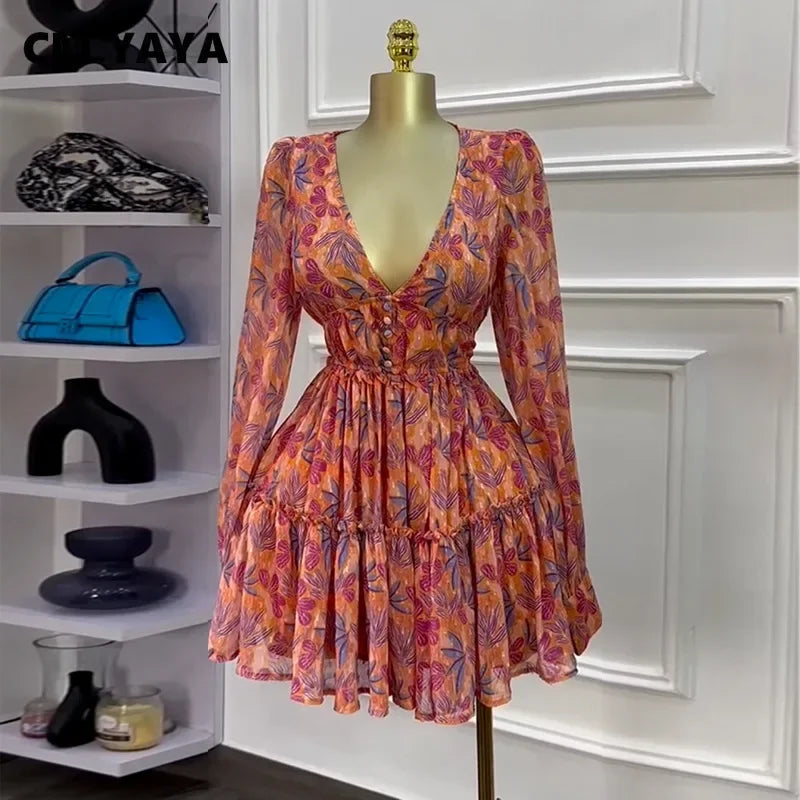 Women V-neck Long Sleeve Pleated Mini Dress Sweet Elegant Floral Print Sexy Birthday Beach Night Party Vestidos Dresses