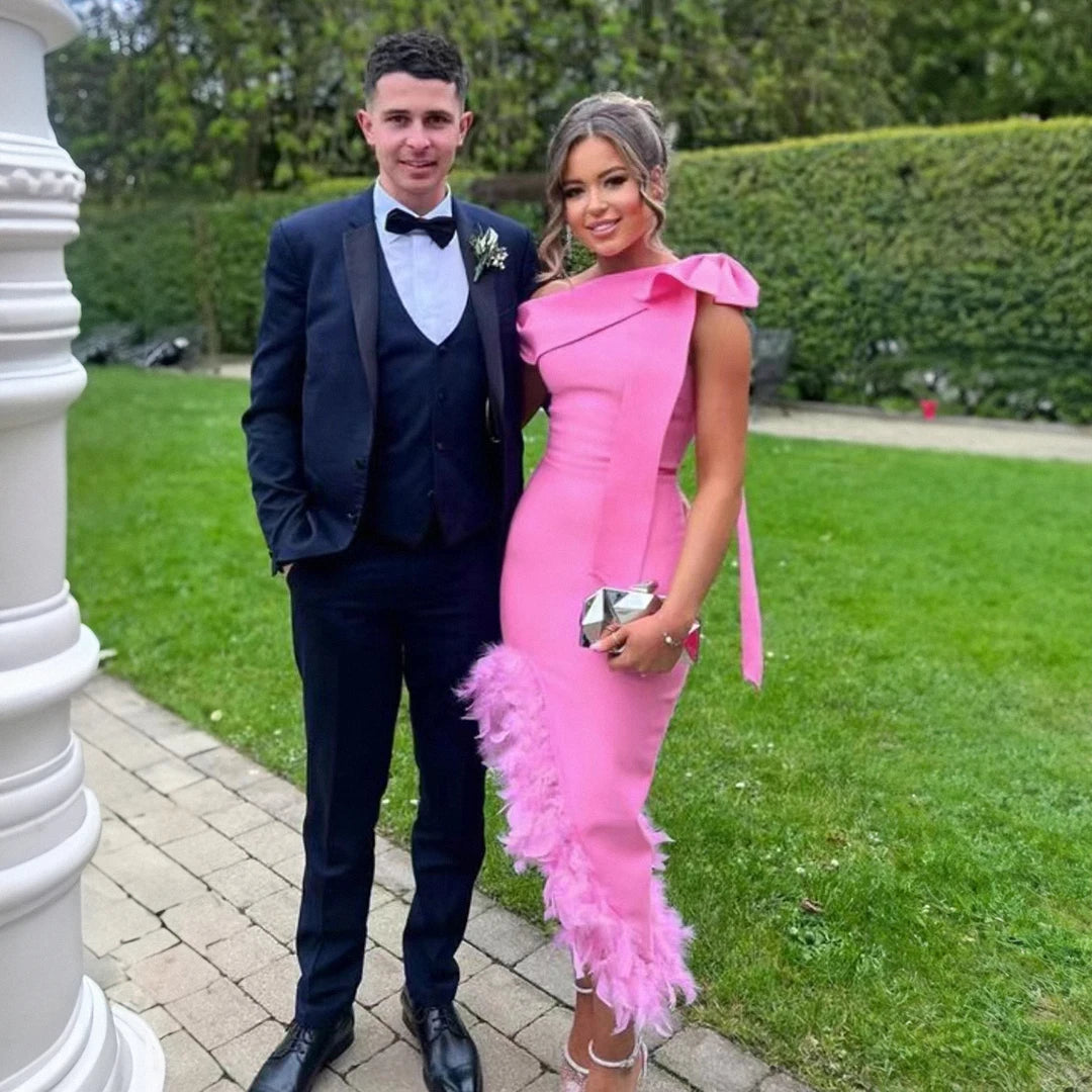 Rosered Color Women Sexy Off the Shoulder Bow Bodycon Bandage Mid-calf Dress Feathers Evening Party Elegant Cocktail Dress