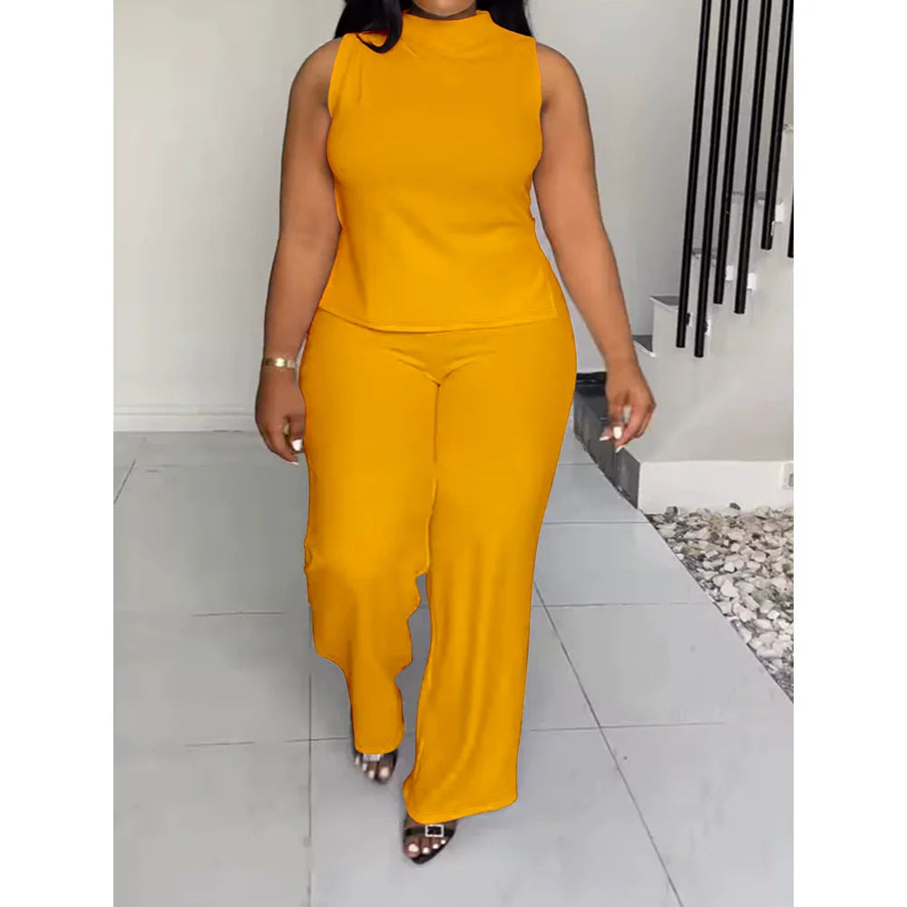 Plus Size Women's Set O-neck Sleeveless T-shirt Vest and Pants Suits Sweatsuit Two 2 Piece Set Outfit Street Tracksuit Yellow