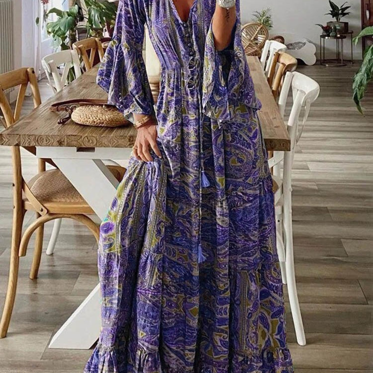 Women Vintage Print Long Dress 2024 Summer Sexy V Neck Short Sleeve A-line Dress Female Elegant Elastic Waist Maxi Dresess Robe EA08432-Purple