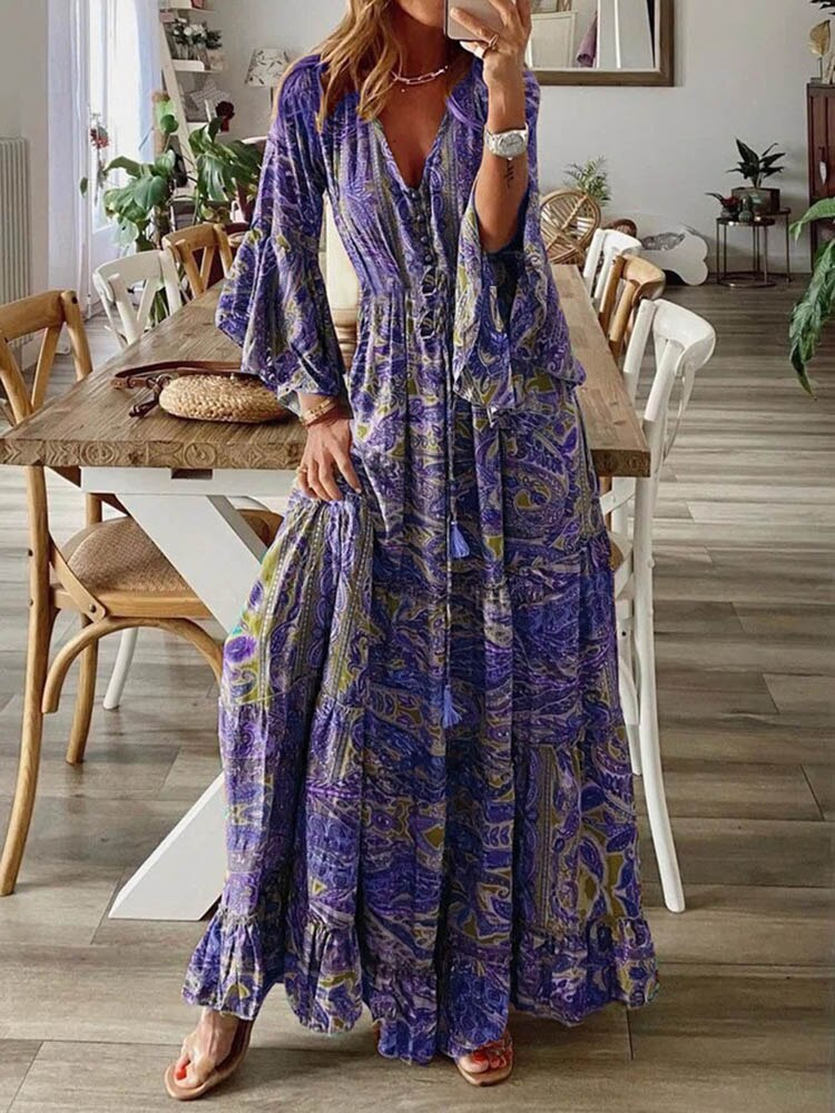 Women Vintage Print Long Dress 2024 Summer Sexy V Neck Short Sleeve A-line Dress Female Elegant Elastic Waist Maxi Dresess Robe EA08432-Purple