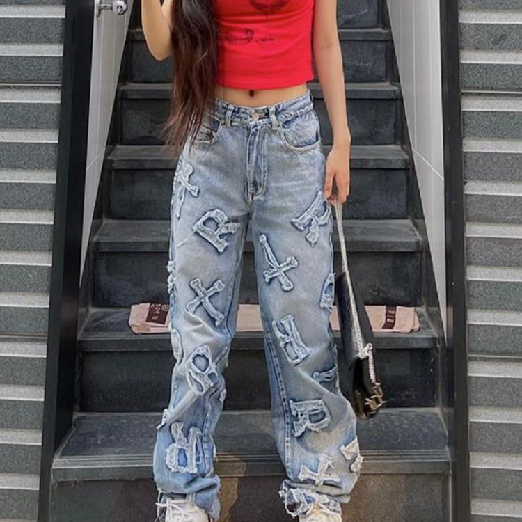 Rockmore Patchwork Women's Jeans Y2K Streetwear Baggy Straight Cargo Pants Punk High Waist Wide Leg Denim Trousers 90s Vintage