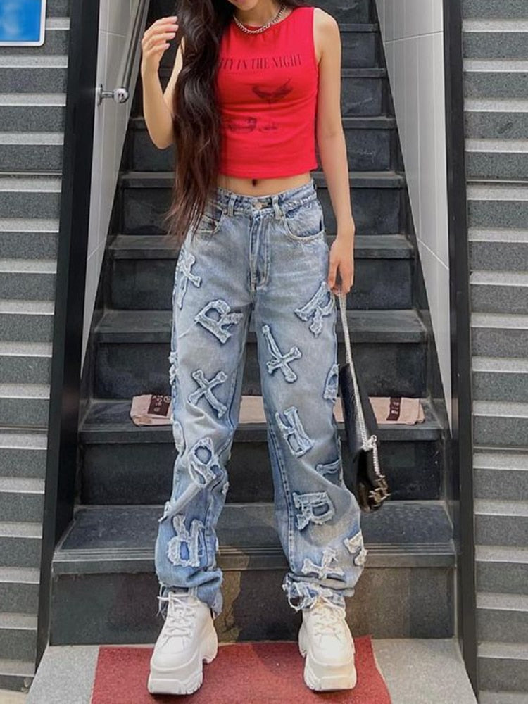 Rockmore Patchwork Women's Jeans Y2K Streetwear Baggy Straight Cargo Pants Punk High Waist Wide Leg Denim Trousers 90s Vintage