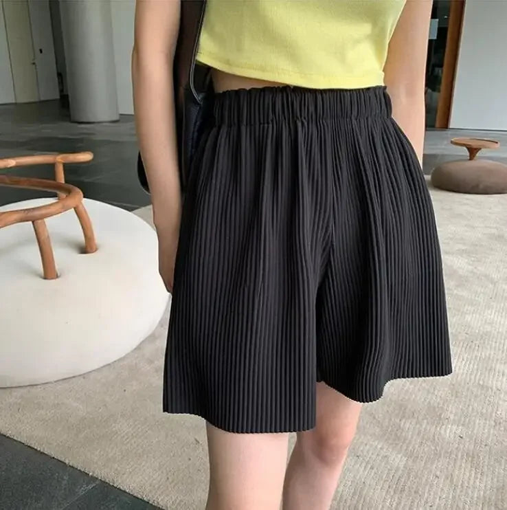 Pleated Solid Women Set Long Sleeve Shirts and Straight Wide Leg Pants Suits Tracksuit Two Piece Set Fitness Outfits black short