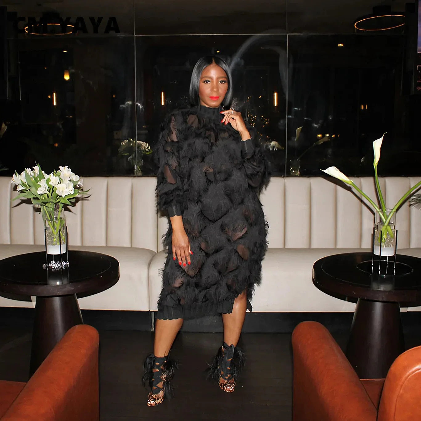 Women Fashion Tassel Long Sleeve Oversized Loose Dresses 2024 Spring Chic Black Pullover Dress Vestidos