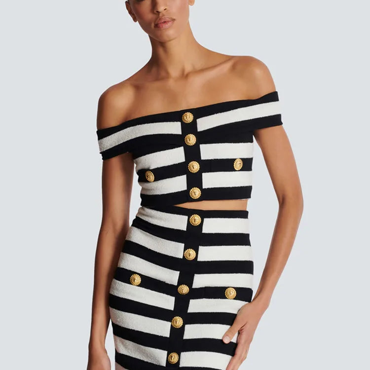Women Celebrity Sexy Off Shoulder Striped Button Black White Bandage Skirt Set 2024 Knitted Elegant Evening Club Party Clothing