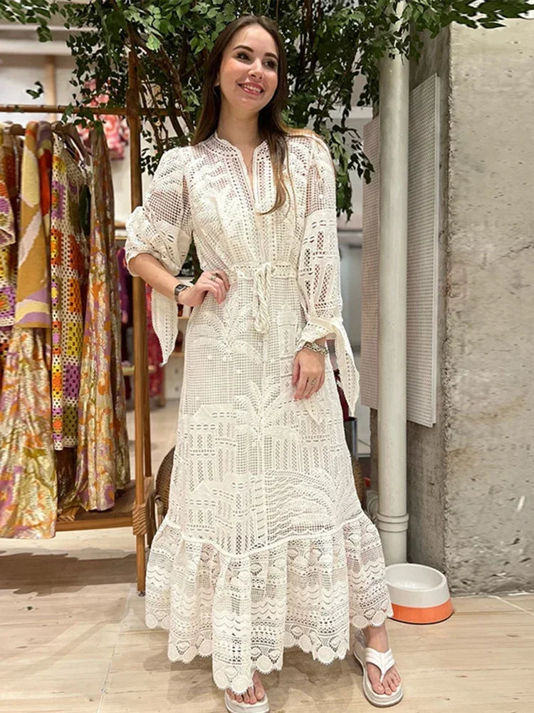 Casual Knit Hollow Out Patchwork Maxi Dress For Women O-neck High Waist Drawstring Lantern Sleeve Dresses Summer Beach Lady Robe